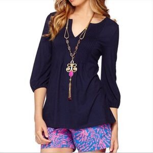 LILLY PULITZER | Braylen Navy Blue Pintuck Pleated 3/4 Sleeve Top Women’s Size S